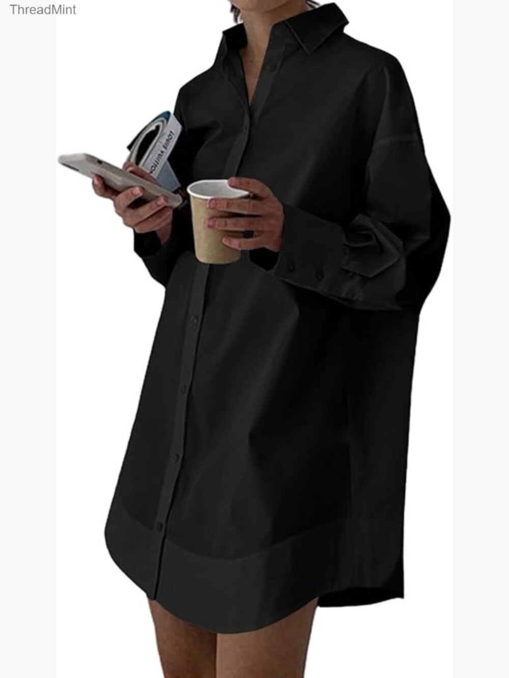 Long Sleeve Button Down Shirt Dress Mini A-Line Casual V-Neck